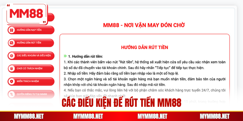 Các điều kiện để rút tiền MM88